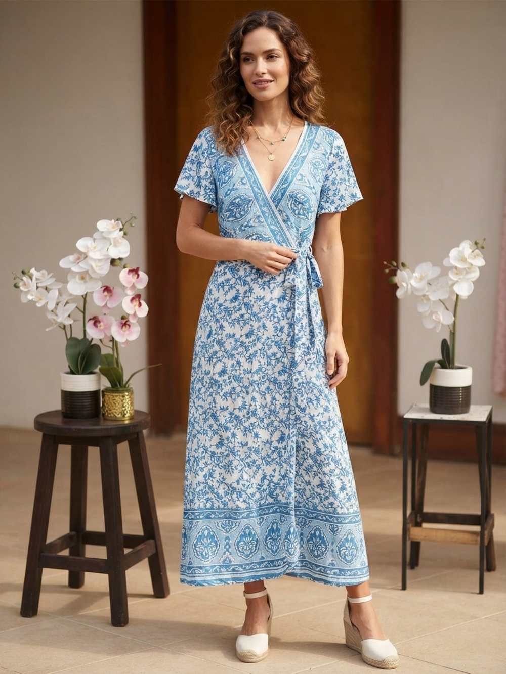 Ecowish Blue Floral Wrap Maxi Dress with Tie Waist